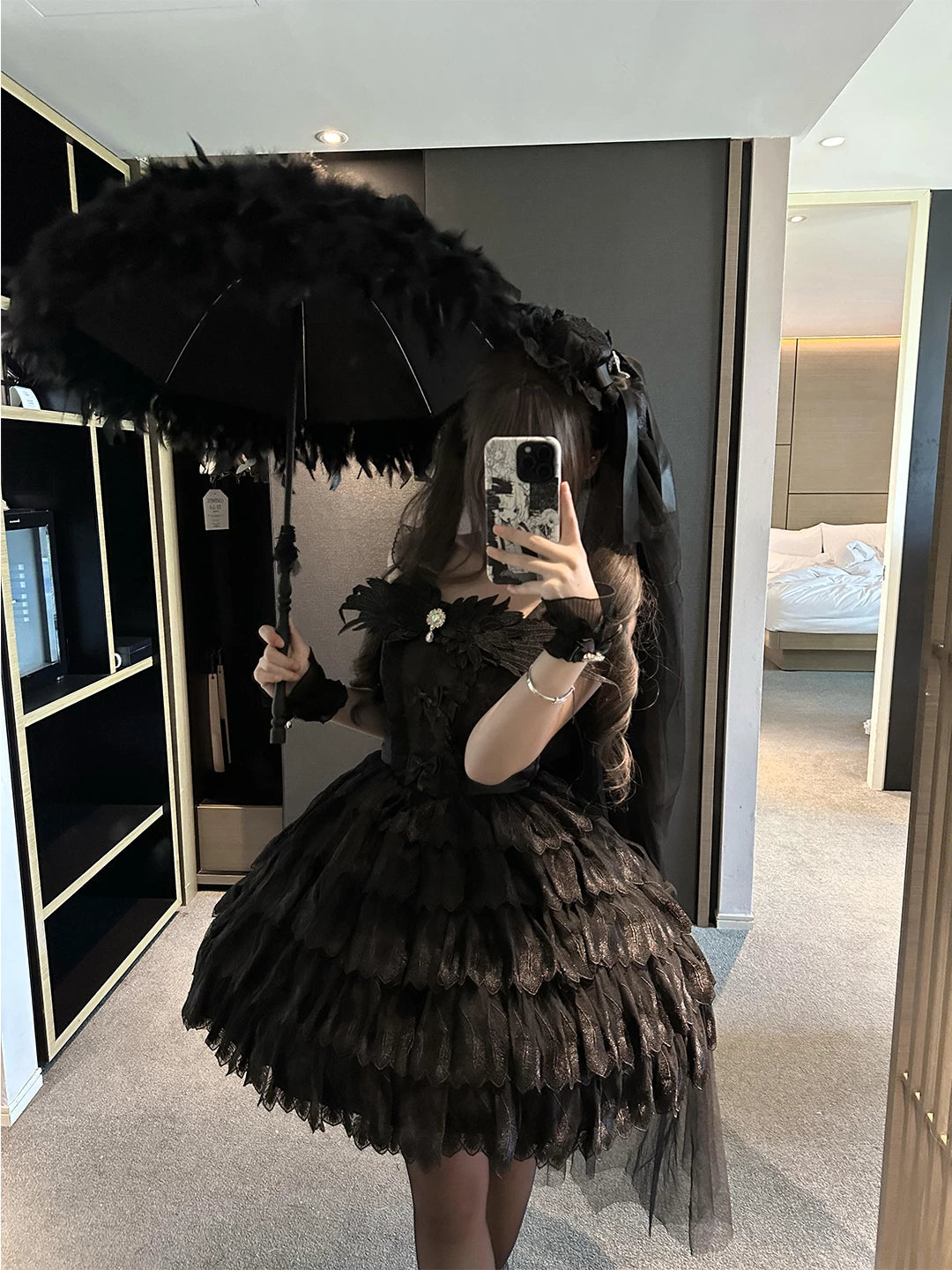 Creamy - Black Swan - Black JSK Dress with Layered Feather-Shaped Trim