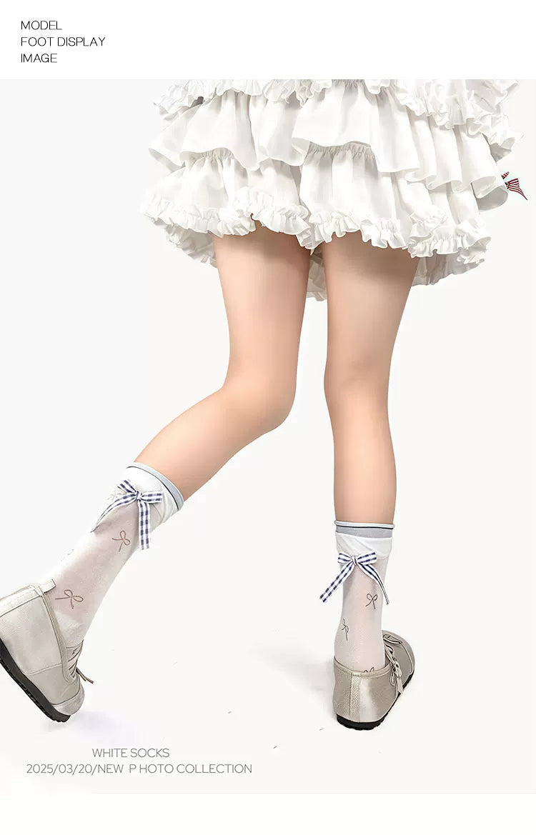White Socks - Ballet Bow - Mesh Mid-Calf Socks with Bow Detail