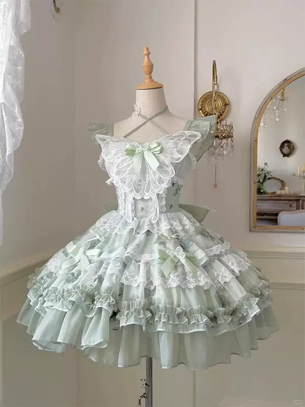Mint-green and white butterfly skirt with layered ruffles displayed front and back on a mannequin.