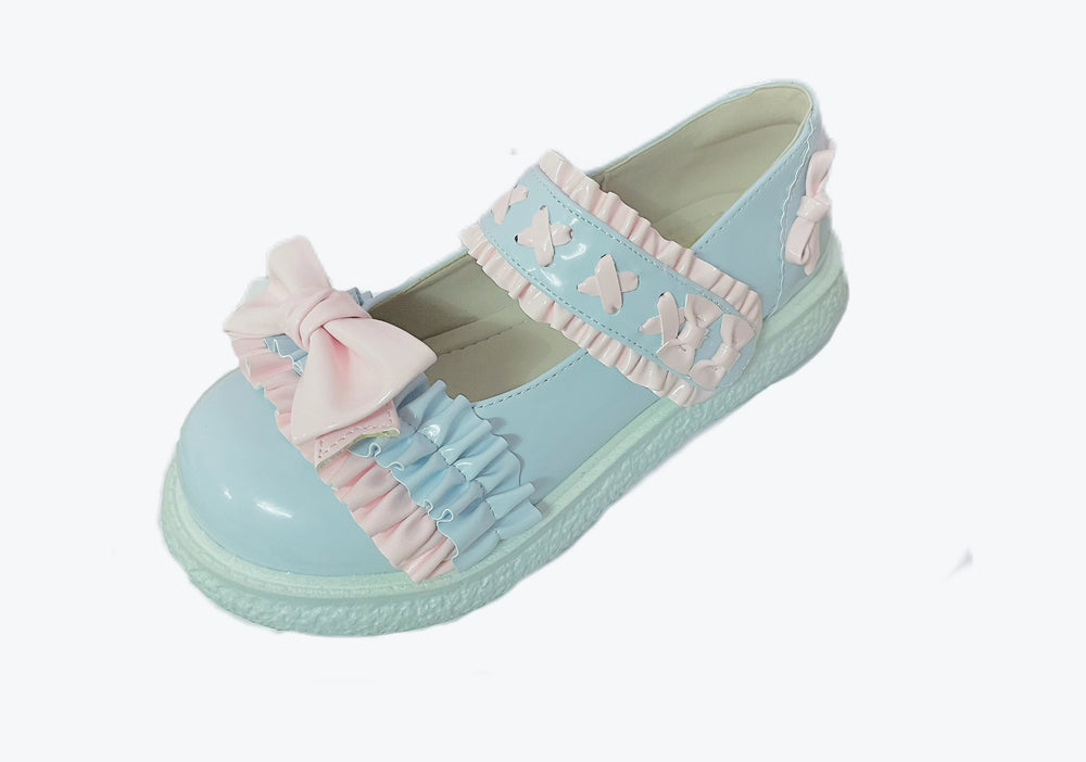 Pastel blue patent Lolita flat shoe with pink ruffles, butterfly-knot decoration, and a thick sole.
