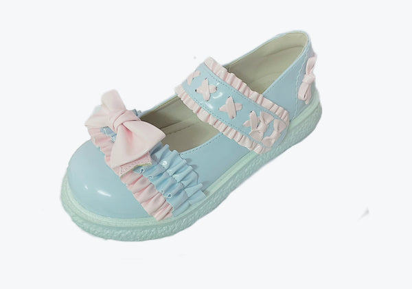 Pastel blue patent Lolita flat shoe with pink ruffles, butterfly-knot decoration, and a thick sole.