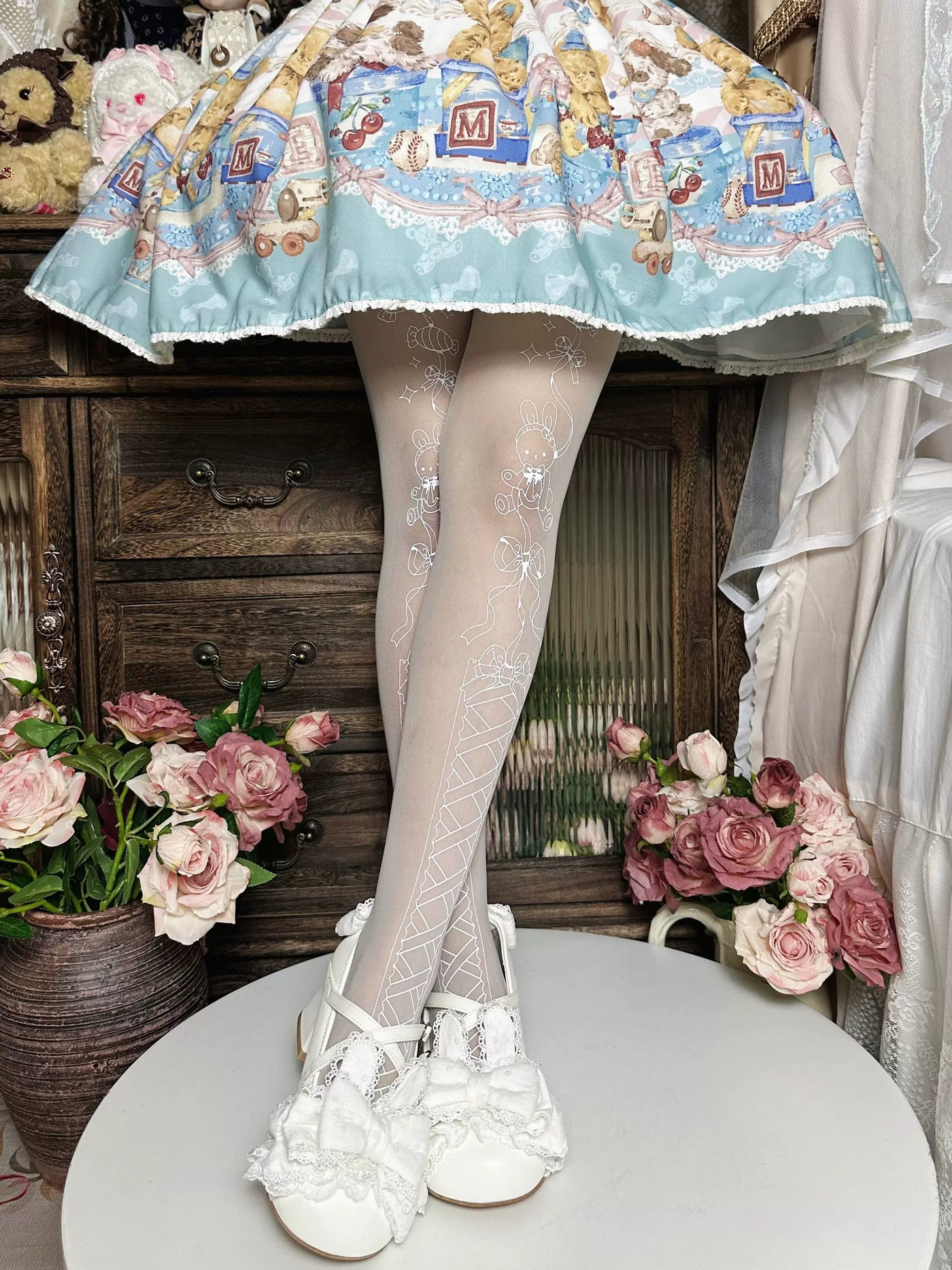 Fantasy Doll - Strap Rabbit - White Ultra-Thin Tights with Rabbit Motifs
