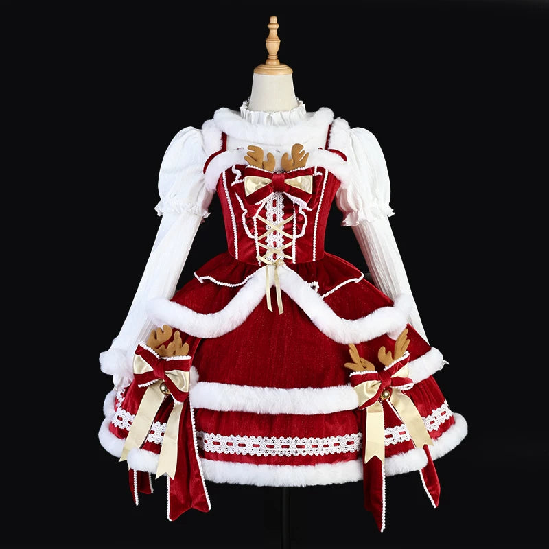 Christmas Symphony Antler Hooded Cape & Dress Options — Top + JSK with Bow - Dry Clean