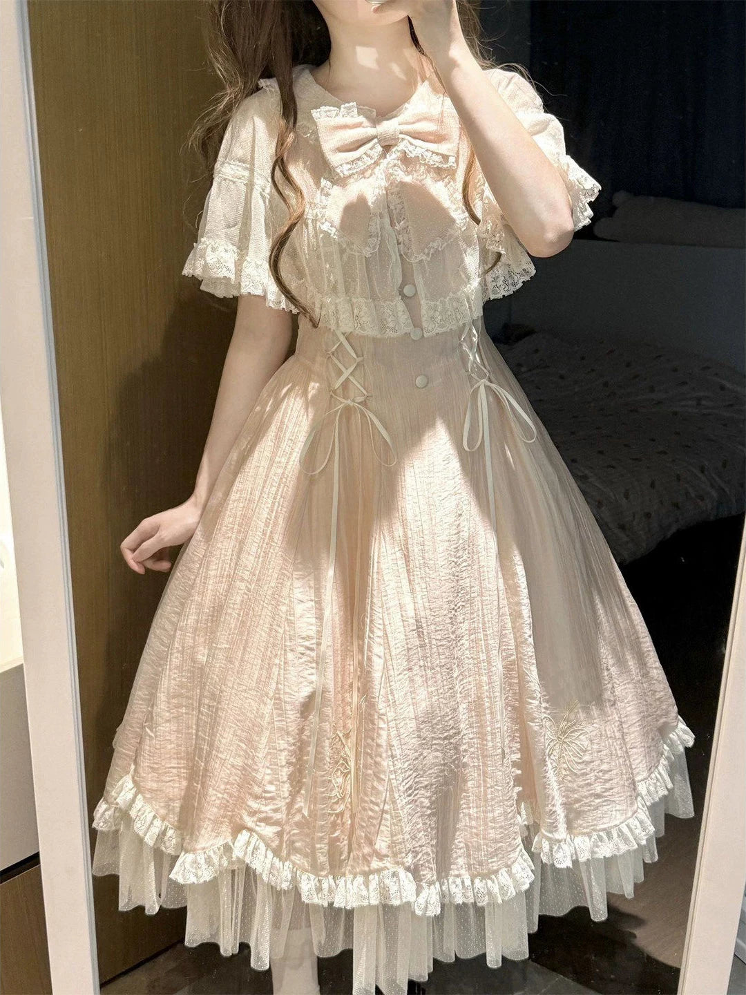 Creamy - Pink Lace Cape - One-Piece Dress with Waist Belt