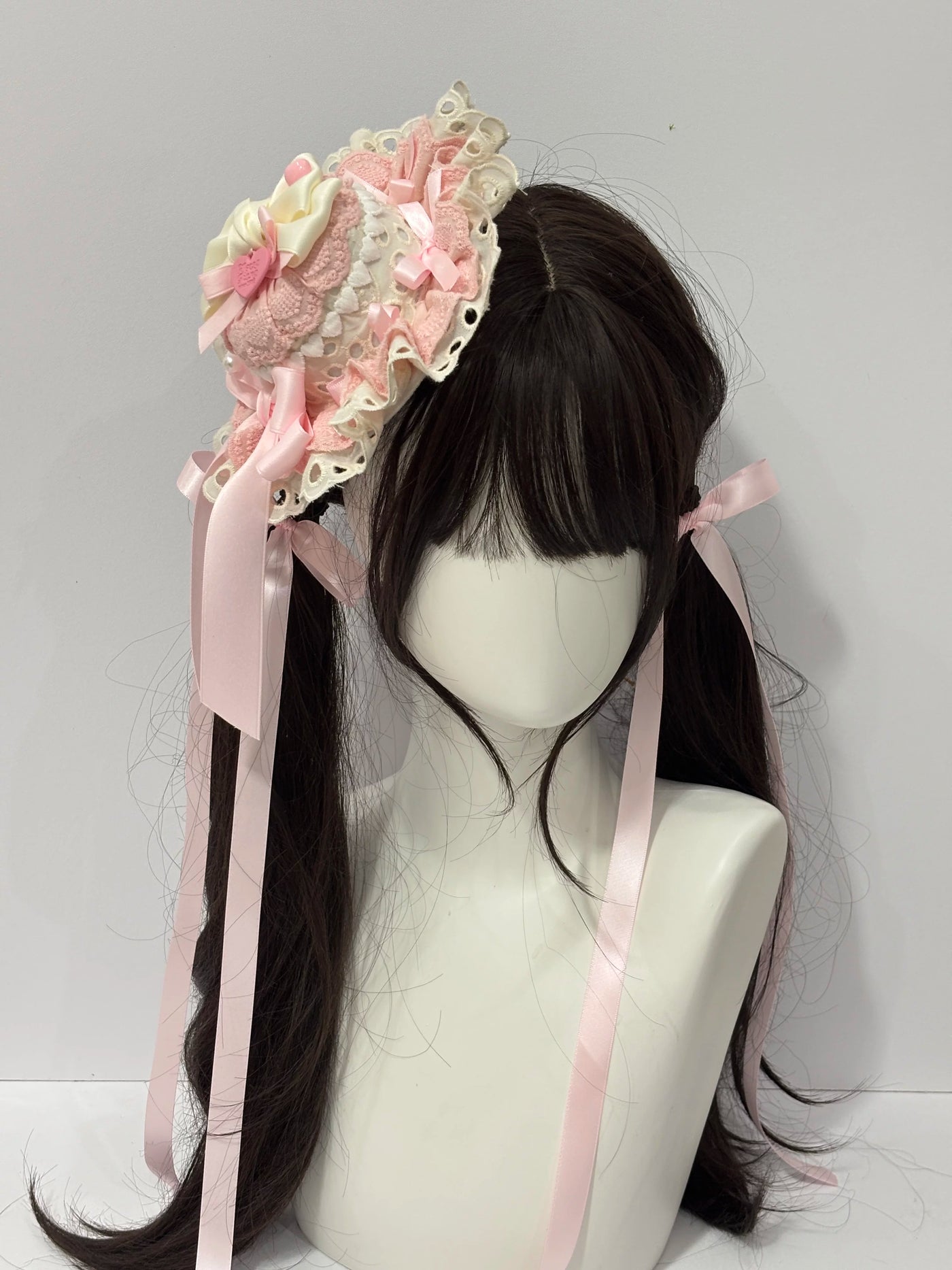 Cat Tart - Apricot-Pink Bow - Lace-Trimmed Small Hat / KC Hair Accessory
