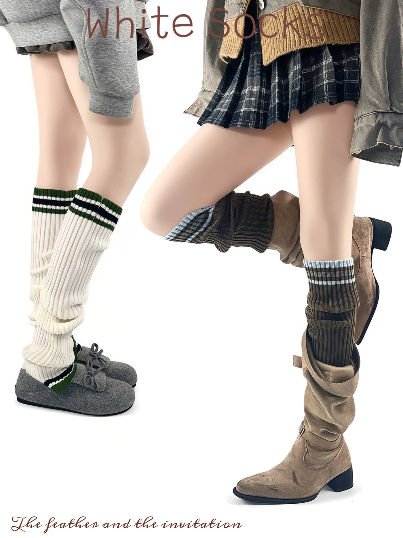 White Socks - Collegiate Stripe - Ribbed Slouch Socks with Contrast Cuffs