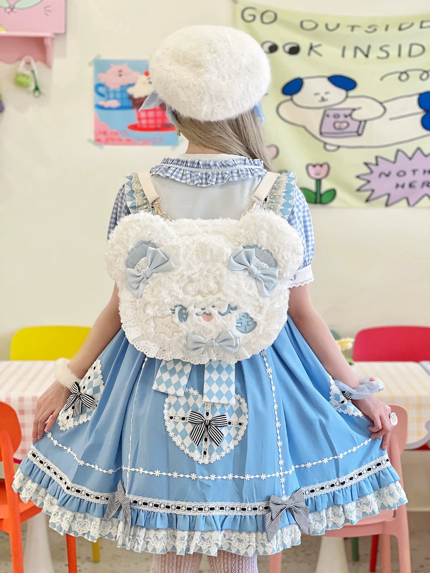 Molly Puppy - Bow Bear - Plush Bear Backpack with Pale-Blue Bows