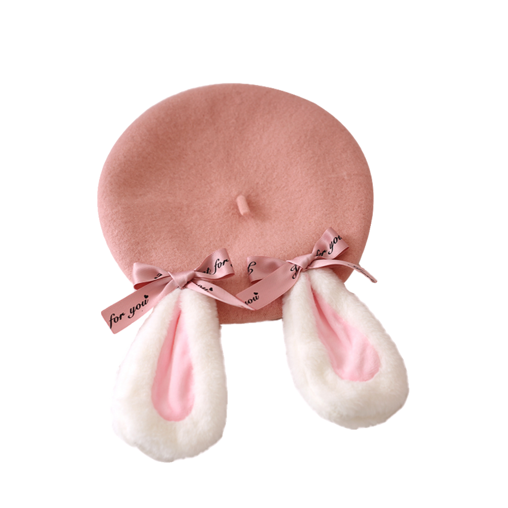 Pink beret with white-and-pink bunny ears and bow-tie ribbons.