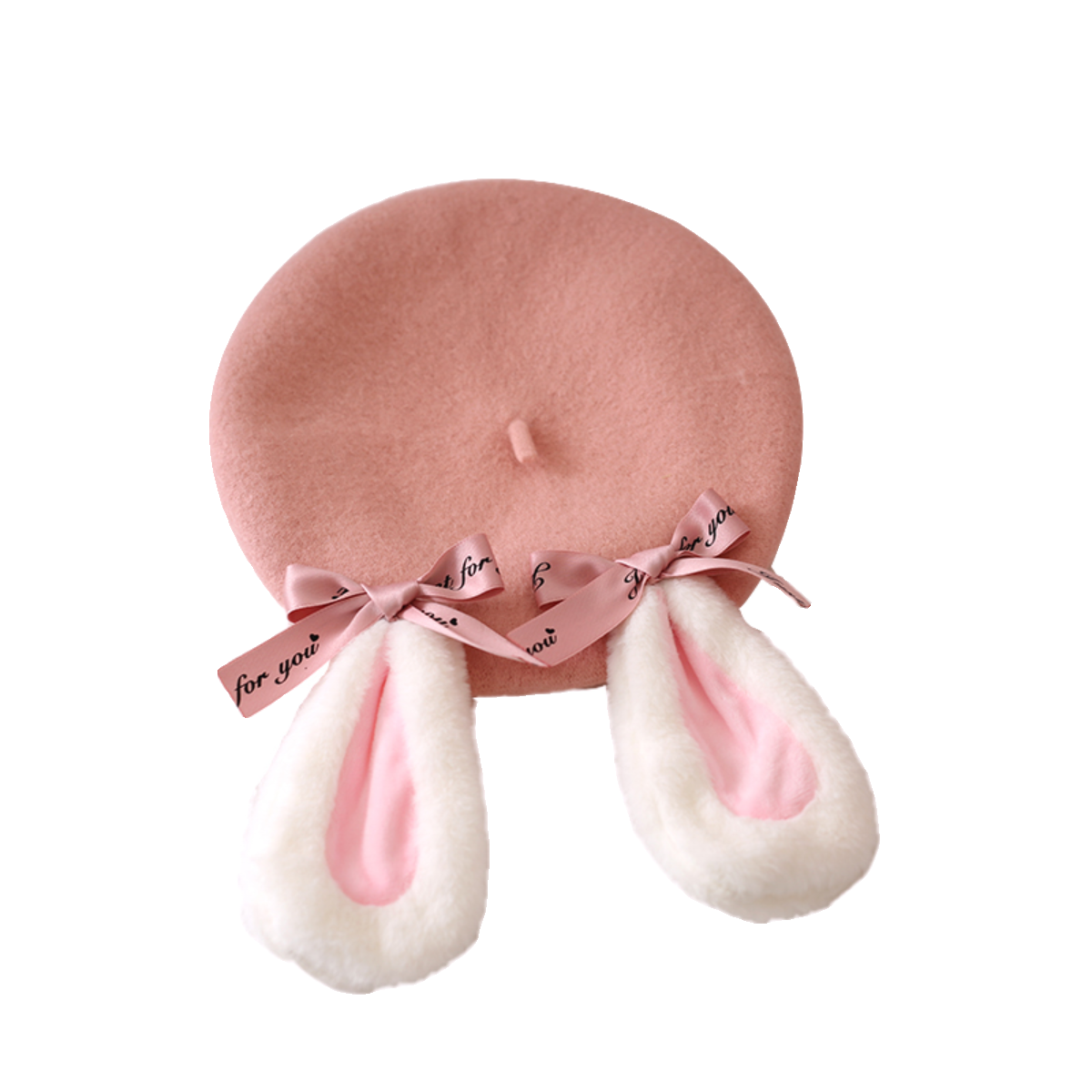 Pink beret with white-and-pink bunny ears and bow-tie ribbons.
