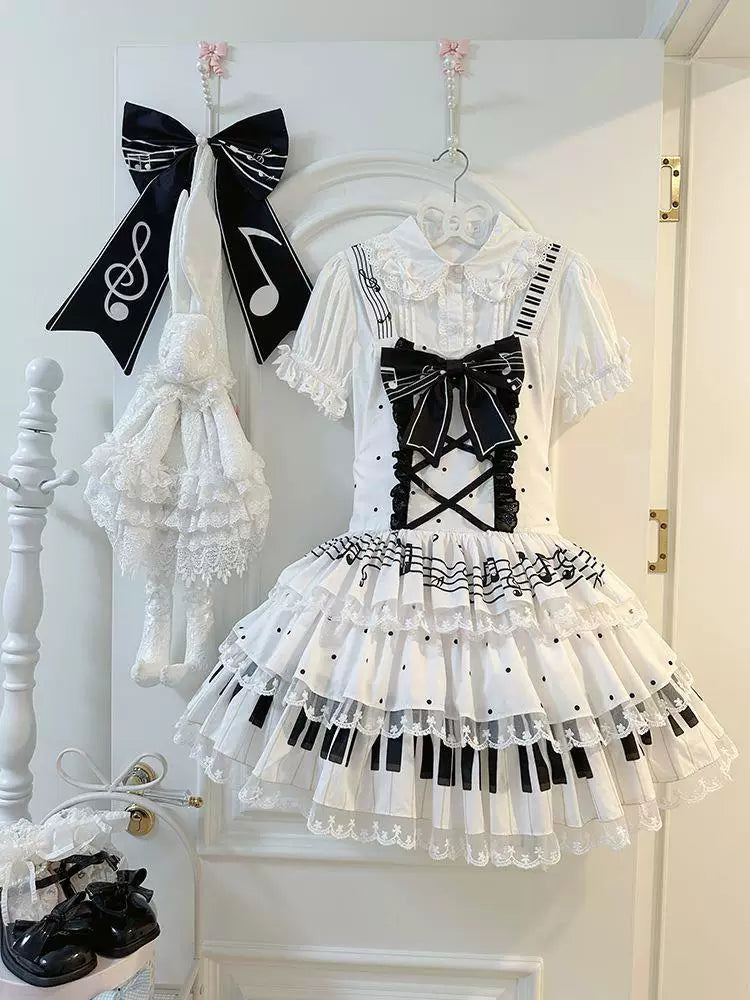 Sweetheart Dream Machine - Vintage Music - Black-and-White JSK Dress with Piano-Key Bands