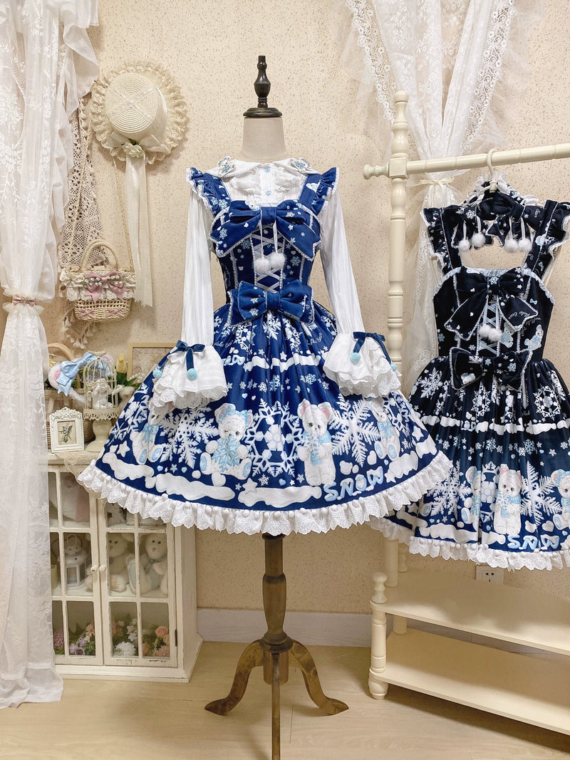 Snowflake Bear Lace-Trim Plush Lolita JSK — Navy JSK