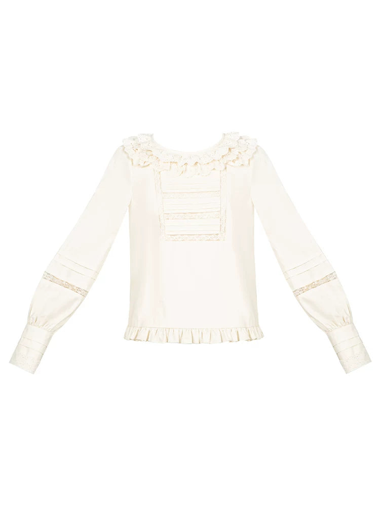 With PUJI - Jennie - Sweet Lolita Cotton Shirt, Ruffled Round Collar detail view 5