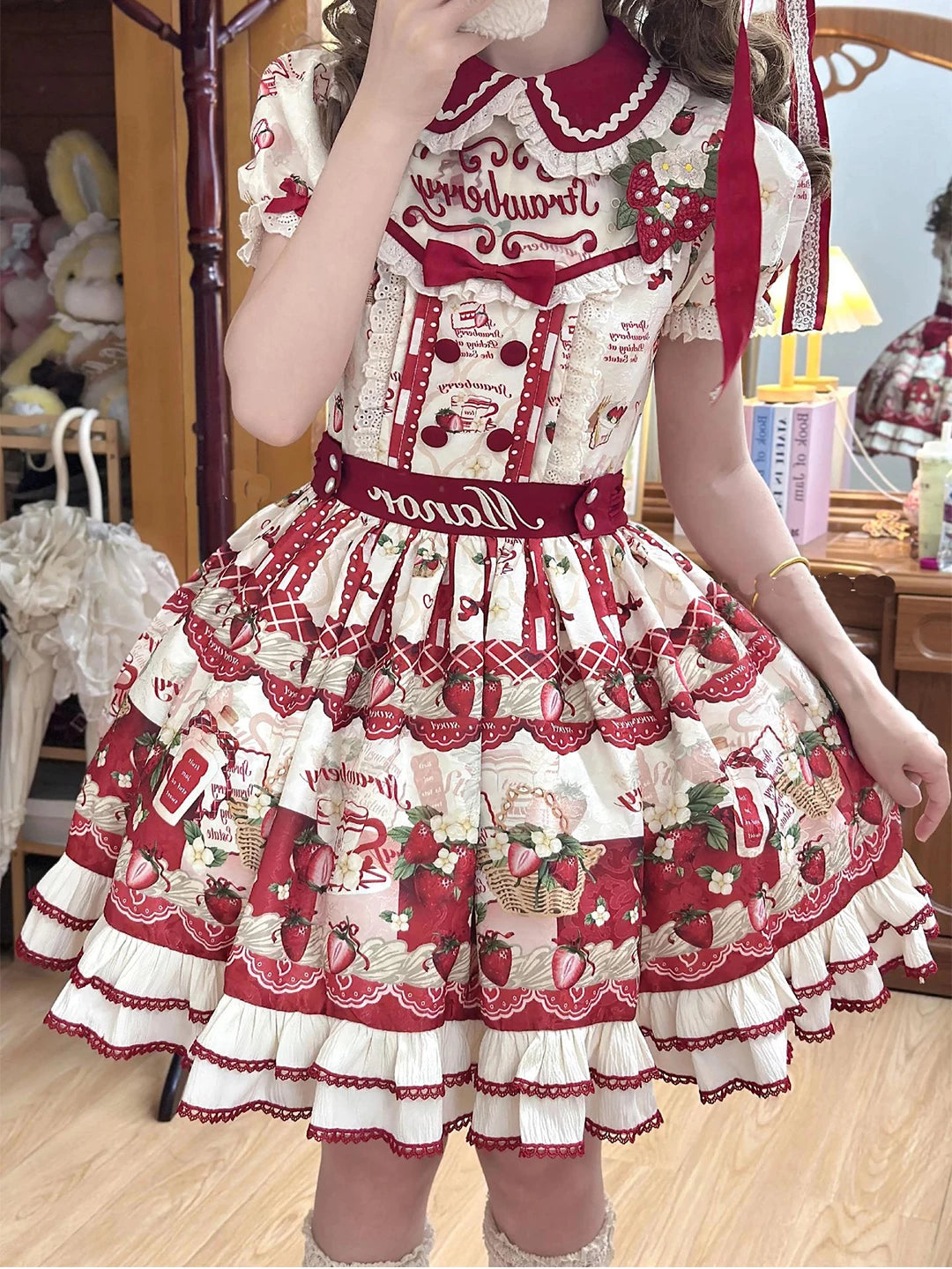 Creamy - Strawberry Field - Red OP Dress with Strawberry Print