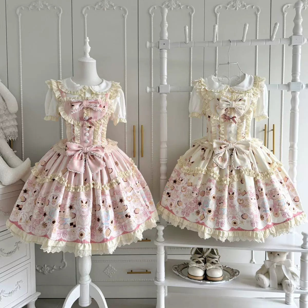 Milky pink and yellow Rabbit Cake JSKs shown on mannequins.