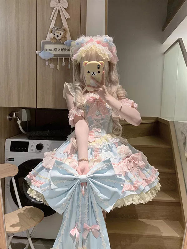Creamy - Candy Pastel Princess - Blue-Pink JSK Dress with Layered Ruffle Trim