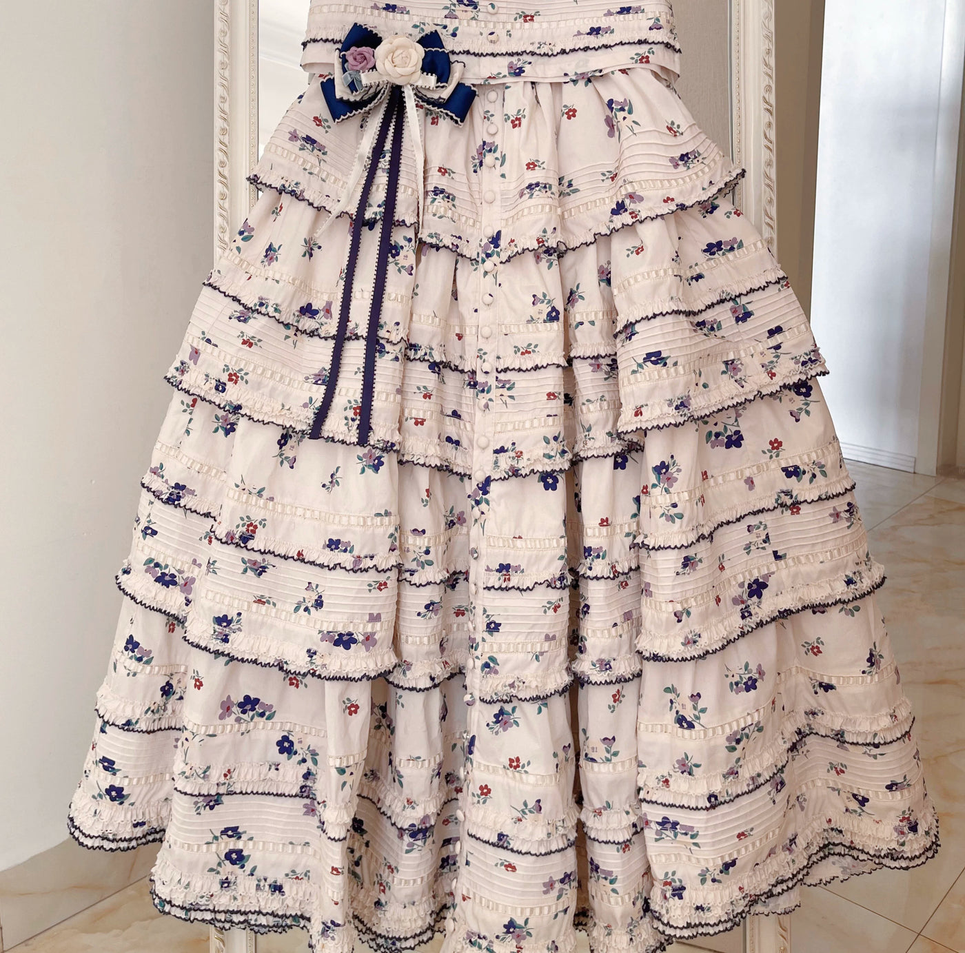 RichLolita - Spring Flowers - JSK Suspender Dress with Floral Print and Navy-Edged Frills