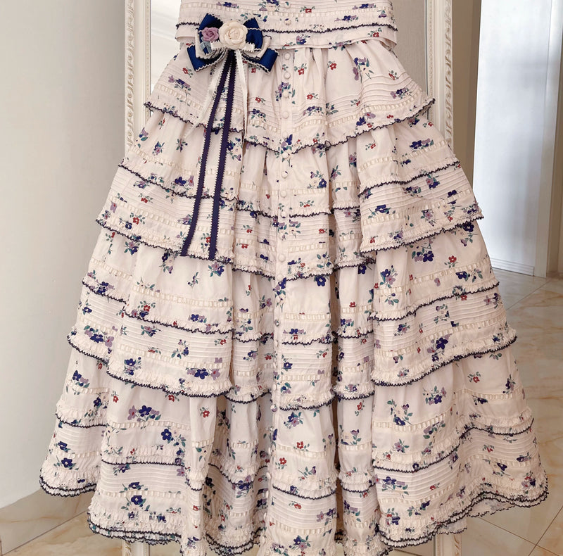 RichLolita - Spring Flowers - JSK Suspender Dress with Floral Print and Navy-Edged Frills