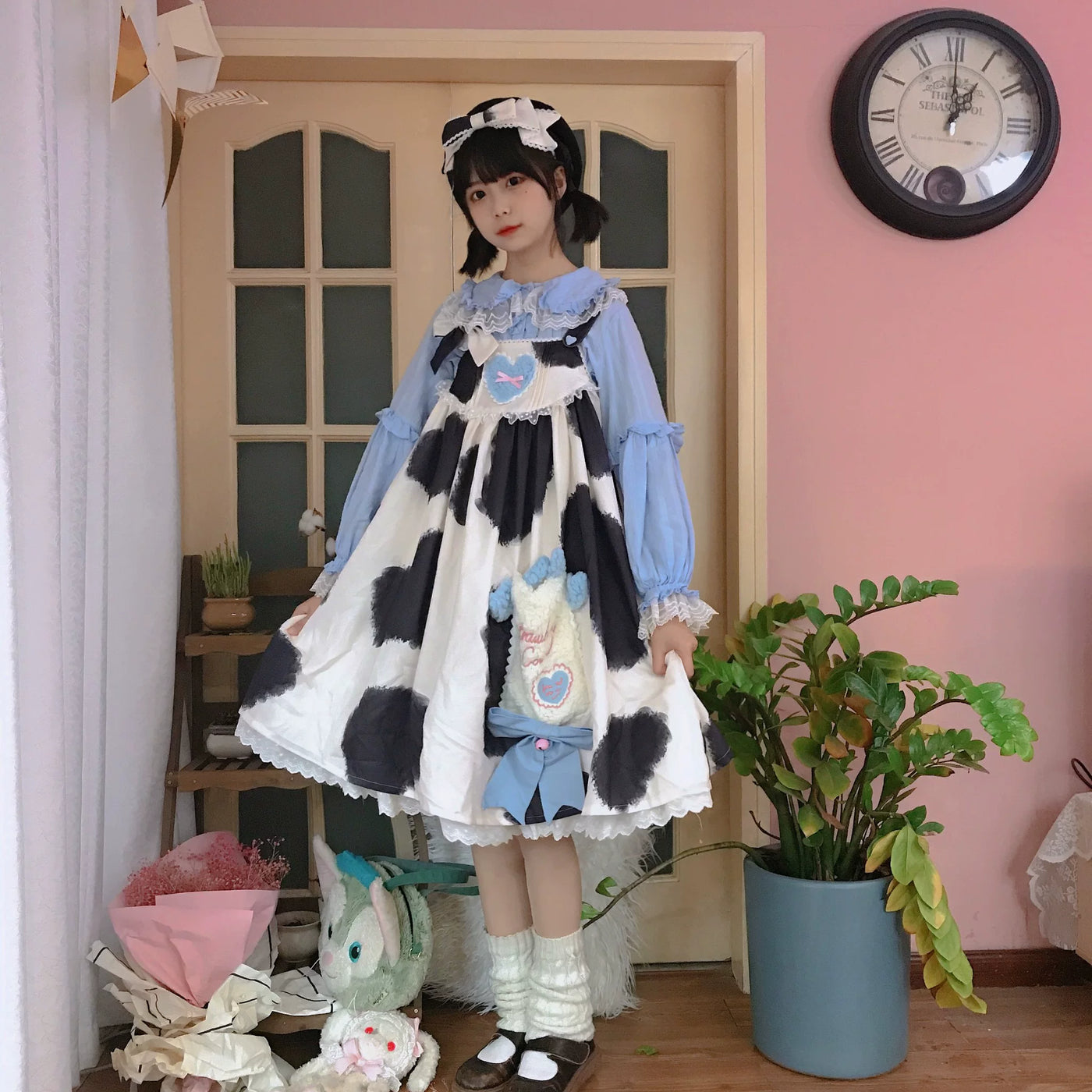 Tata Long Ear - Little Milk Cake Cow Print - JSK dress with a cow-print pattern