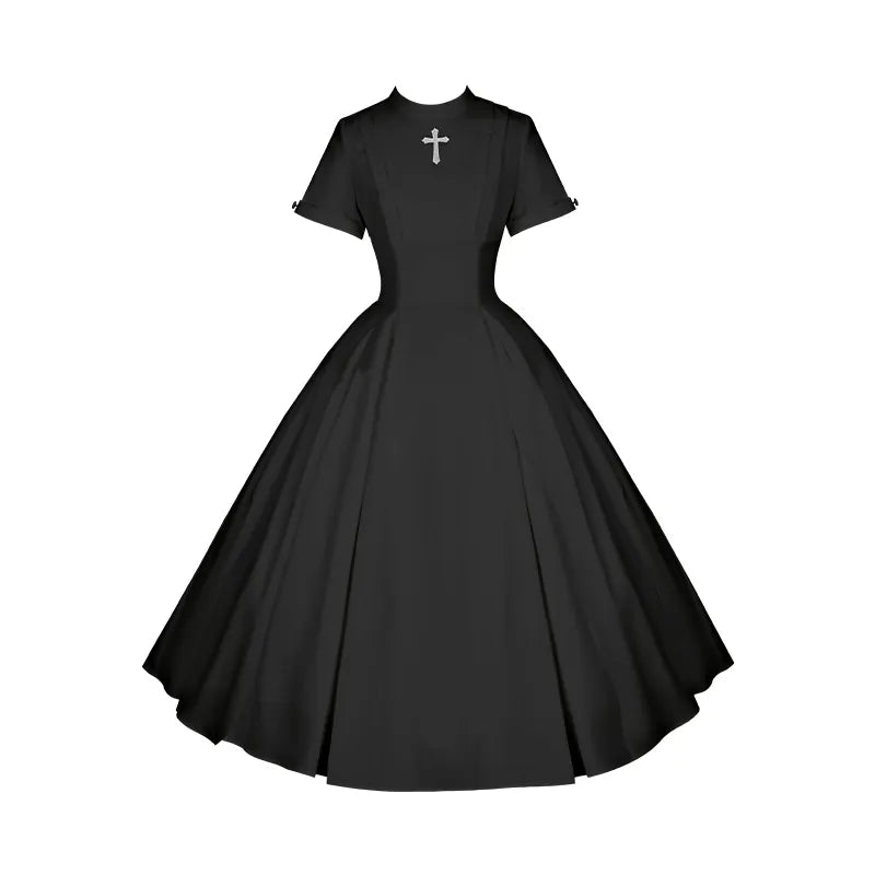 With PUJI - Nihil - Gothic Nun Lolita OP Dress, Irregular Hem Cape detail view 13