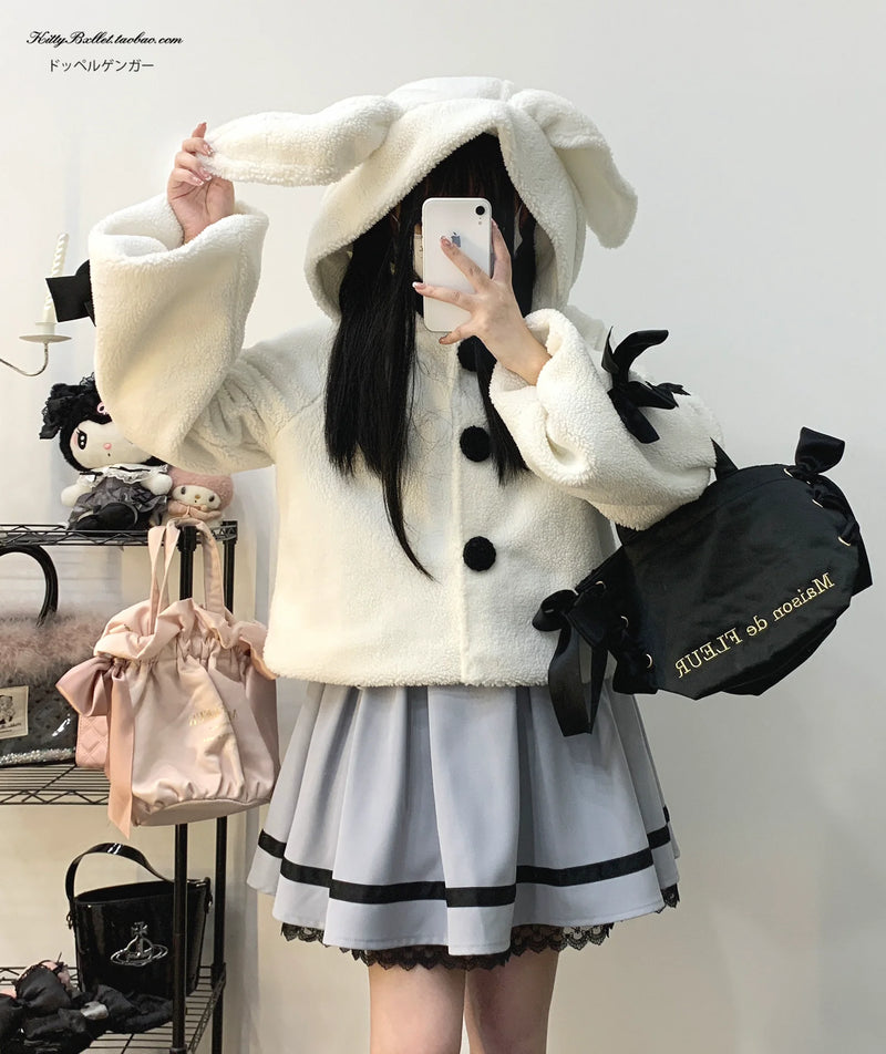 KittyBxllet Wanted Bunny Plush-Ear Buttoned Jacket — White