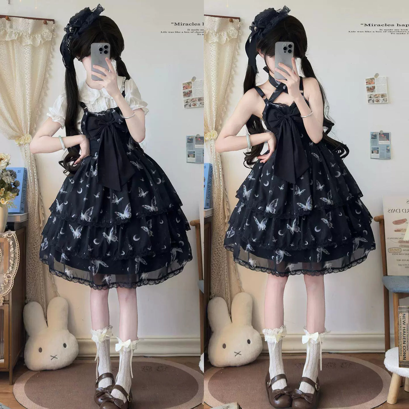 Sweetheart Dream Machine - Moonlit Butterfly - Black JSK dress with an oversized bow and butterfly print