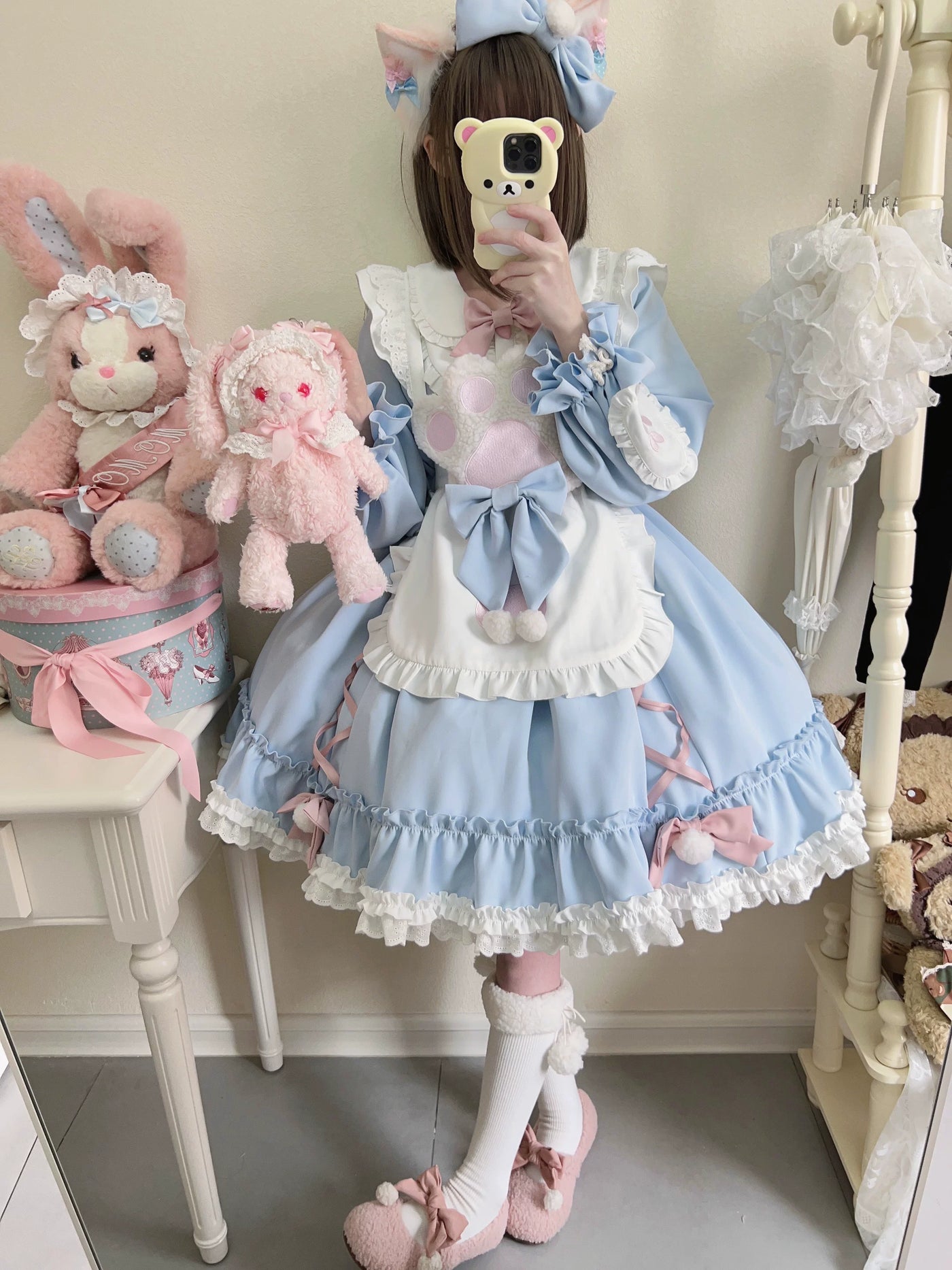 Tata Long Ear - Meow Meow - Blue OP Dress with a Ruffled Apron