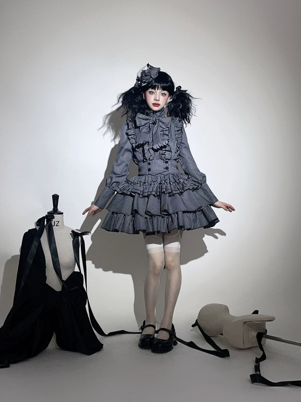CATCOCOON - Doll Gift Box - Skirt suit with a striped blouse, ruffled front, and oversized neck bow - full outfit styling view