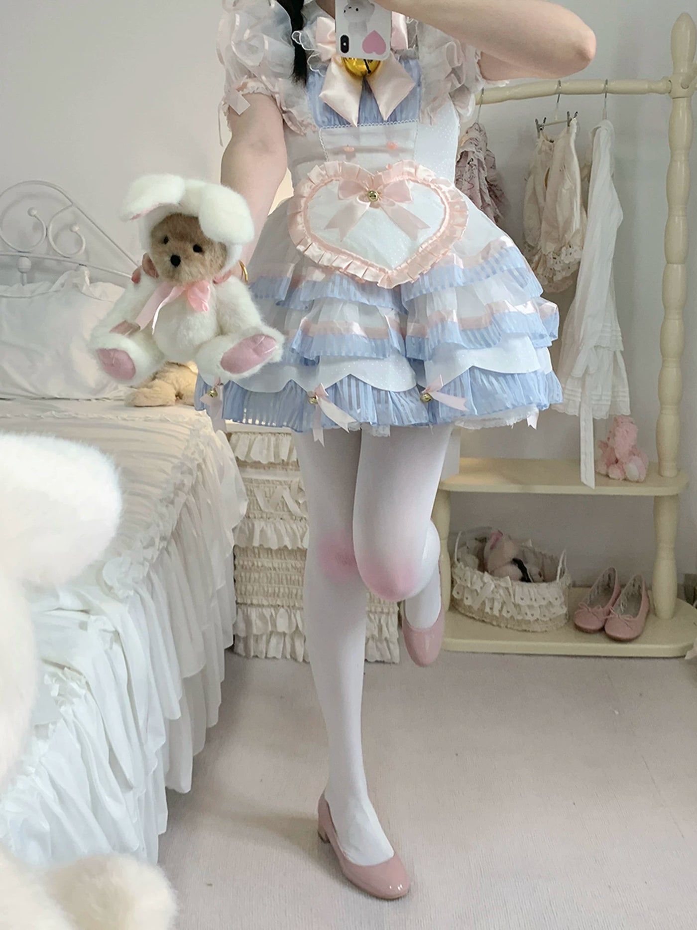 roji roji - Knee Blush - White Pantyhose with Pink Knee Accents
