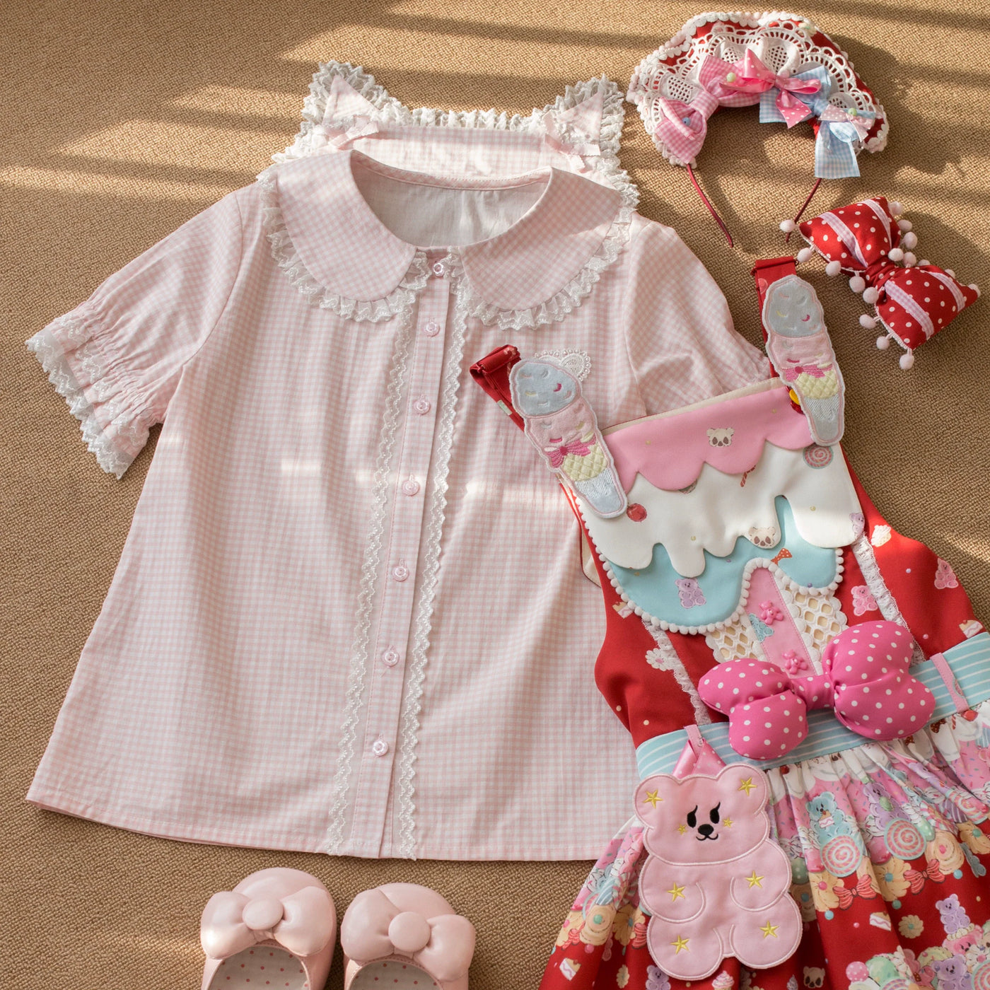 MIST - Kawaii Plaid - Lolita Blouse with Cat-Ear Peter Pan Collar and Lace Trim