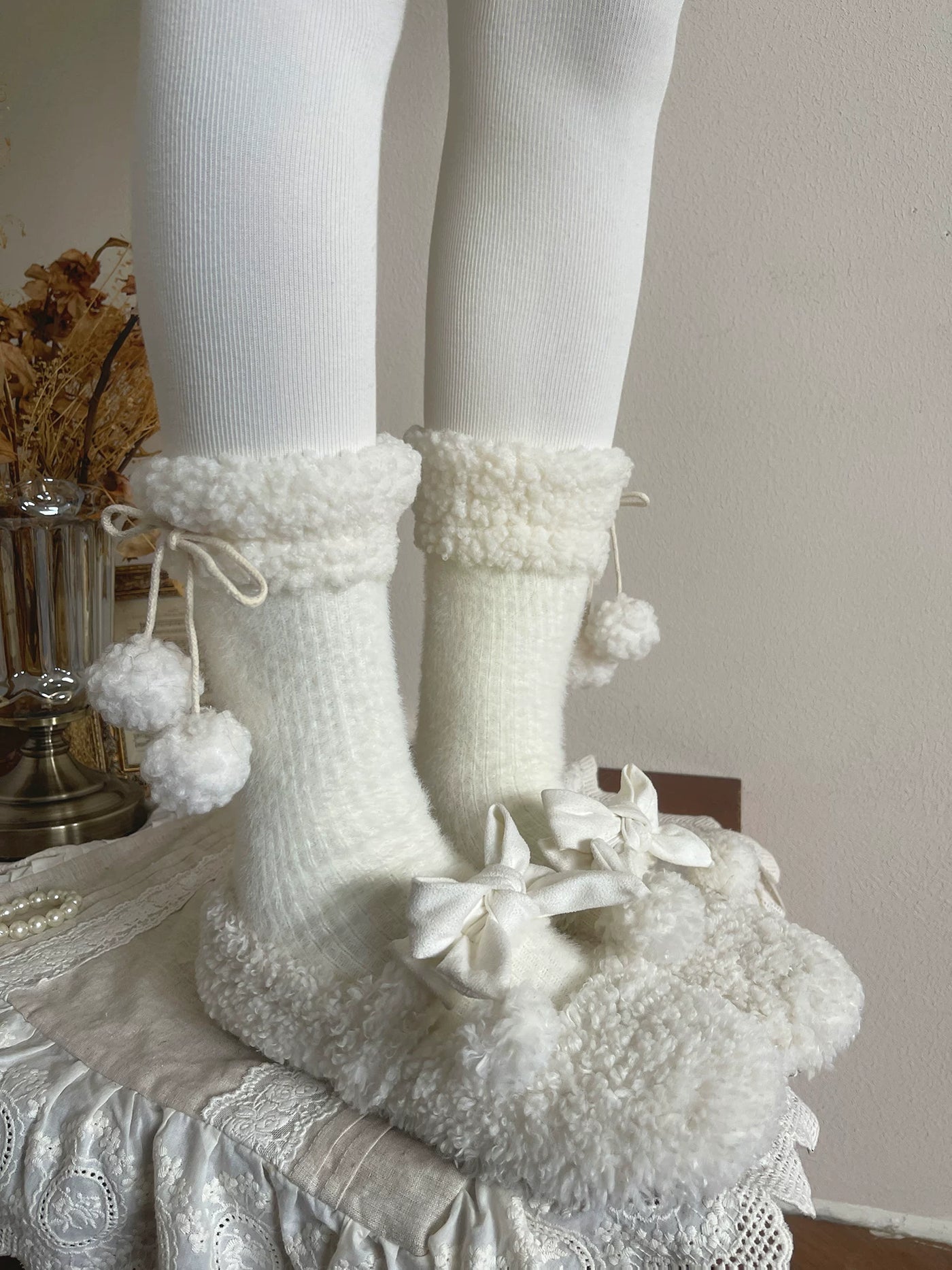 Sock Noble - Winter Pom-Pom - Plush-Trim Slouch Socks with Pom-Pom Ties