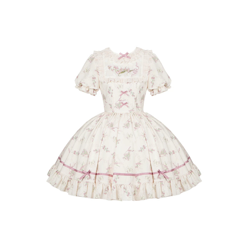 With PUJI - Fragrant Reminiscence - Classic Lolita Embroidered Collar Dress, Bellflower Print detail view 8