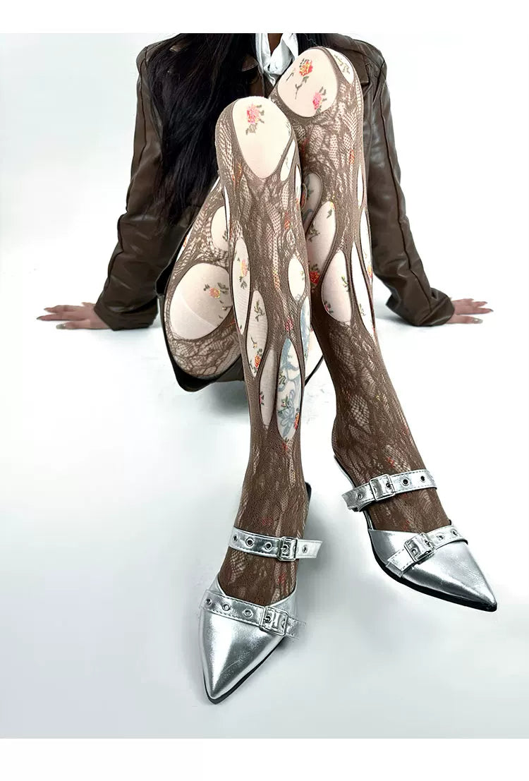 White Socks - Floral Panel - Sheer Floral Tights with Oval Openwork Panels