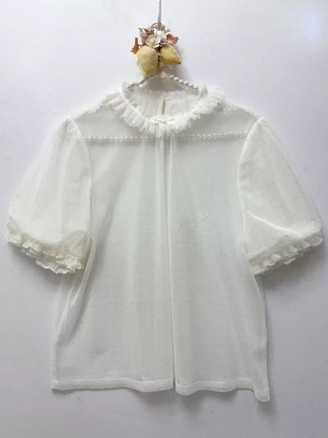 Sweetheart Dream Machine - Dotted Tulle - Short-Sleeve Blouse with a Frilled Stand Collar