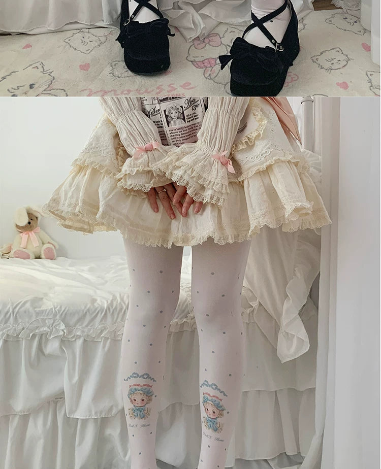 roji roji - Doll Portraits - Printed Tights with Doll Portraits and Dots