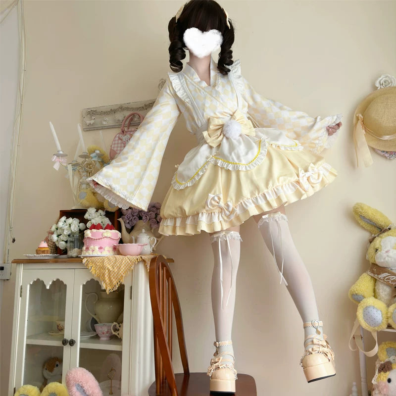 Lady Han milk pudding maid dress by Lolita Fetch featuring a cute, pastel maid costume with ruffled details and bow accents.
