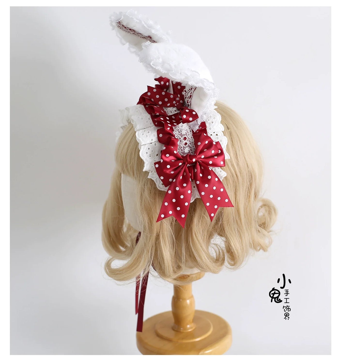 Xiaogui - Sweet Lolita Polka Dot Lace Hairband - Shapeable Bunny Ears Headwear
