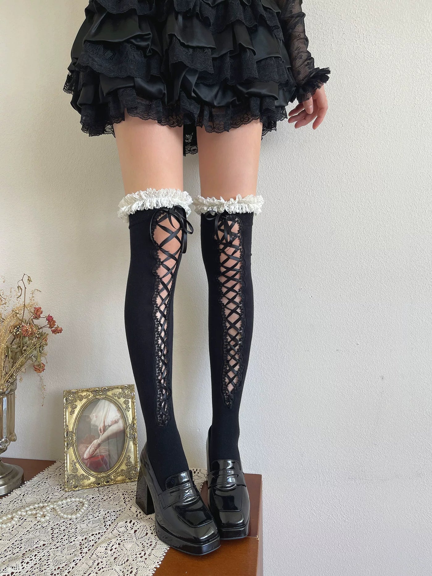 Sock Noble - Ballet Ribbon - Over-the-Knee Socks with Lace-Up Ribbon Panels
