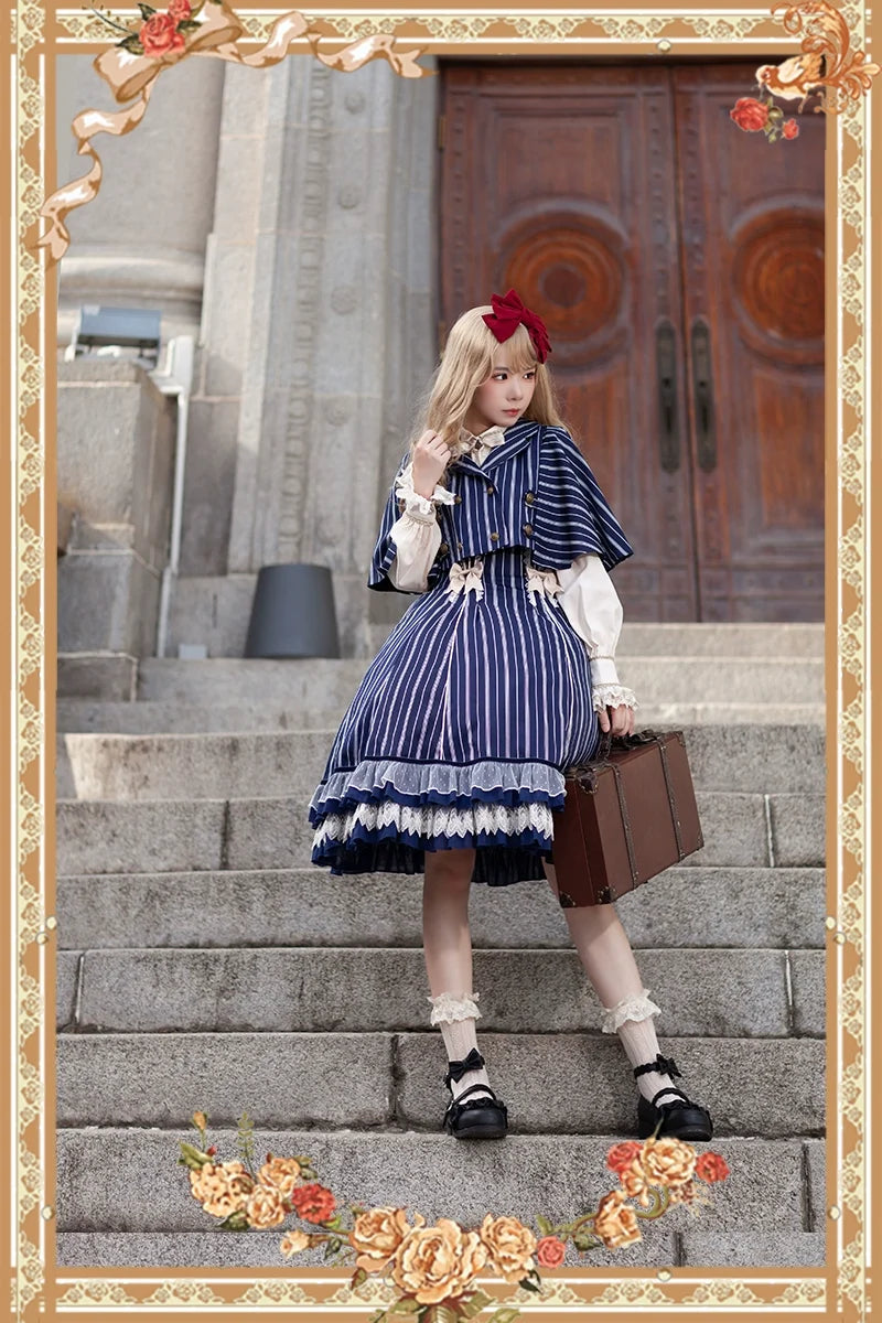 Infanta - Elegant Lolita Stripe High-waist - Jumper Dress Set and Cape SK Skirt