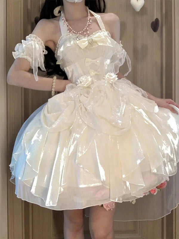 Creamy natural-color JSK dress with layered ruffles and bow details