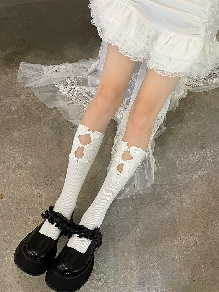 Sock Noble - Y2K Chinese - Openwork Mid-Calf Slouch Socks with Frog-Button Details