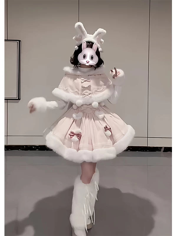Creamy - Bunny Cloud - Pink outerwear and dress set with plush pom-pom trim