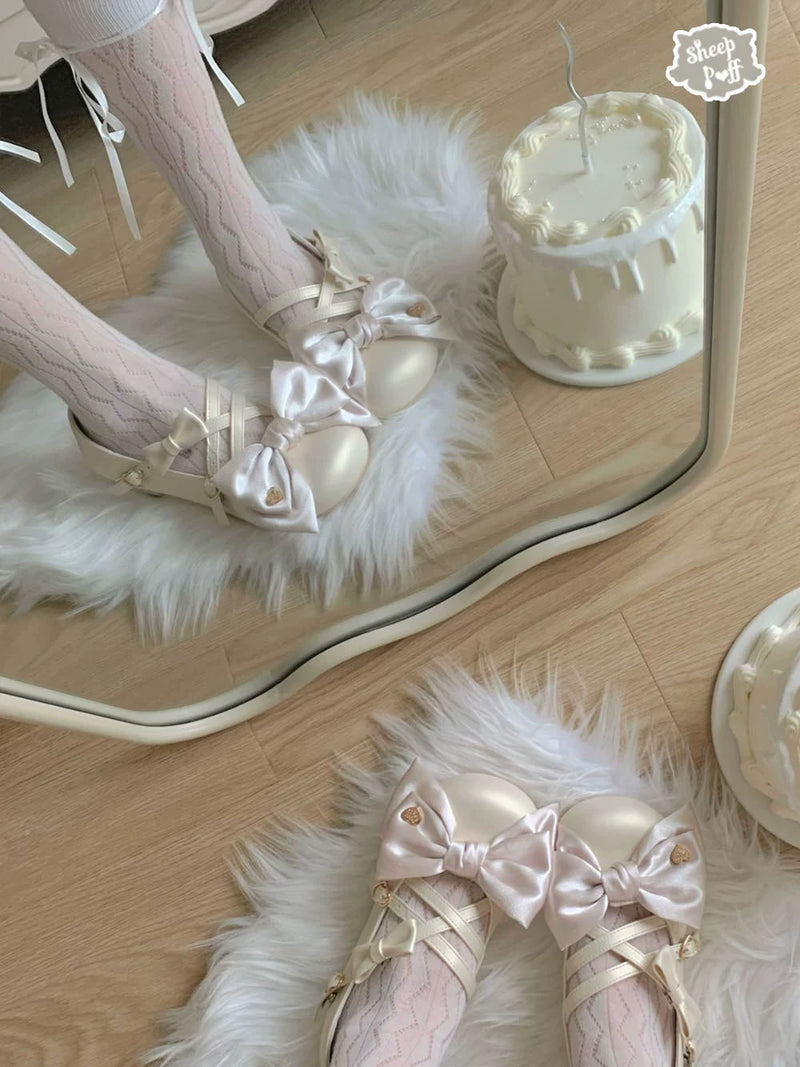 Sheep Puff Satin Candy Low Heel Lolita Shoes in pastel pink with puff details and satin finish, stylish and cute footwear.