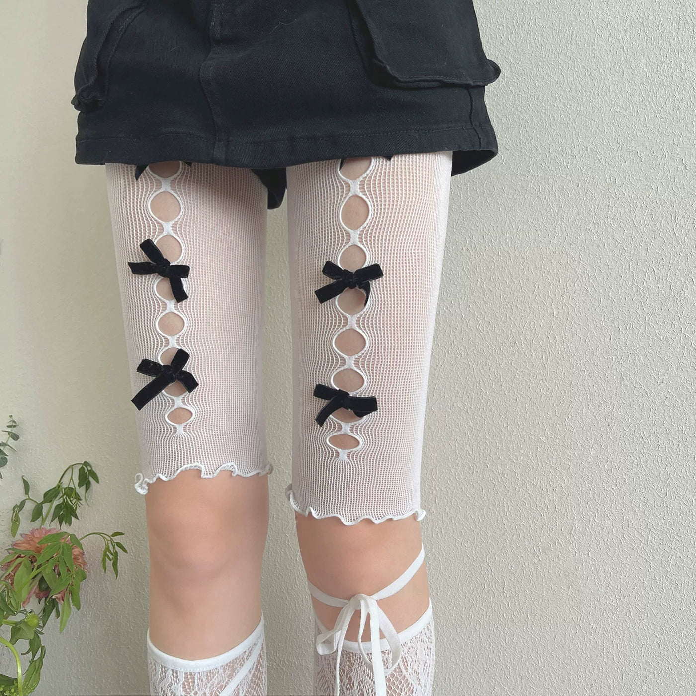 Sock Noble - Y2K Cutout - Lace Stockings or Pantyhose with Black Ribbon Bows