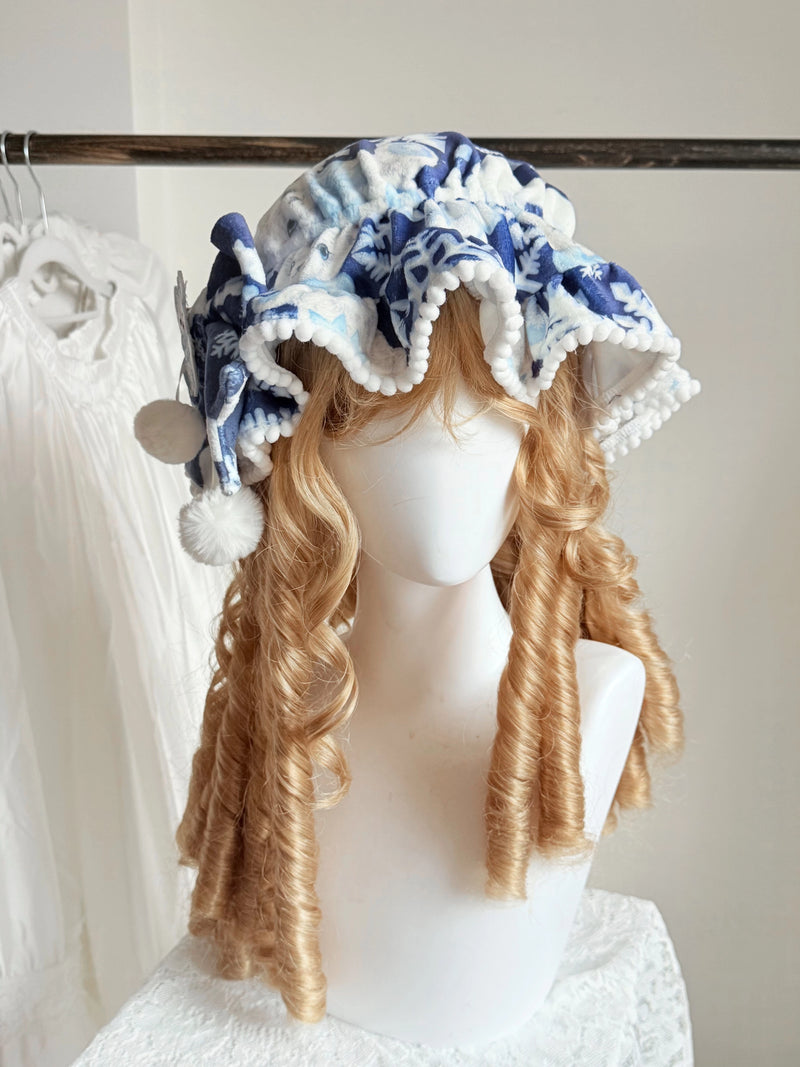 Winter Plush Lolita Headband, Bonnet & Embroidery Options — Navy Bonnet - Print Placement Varies