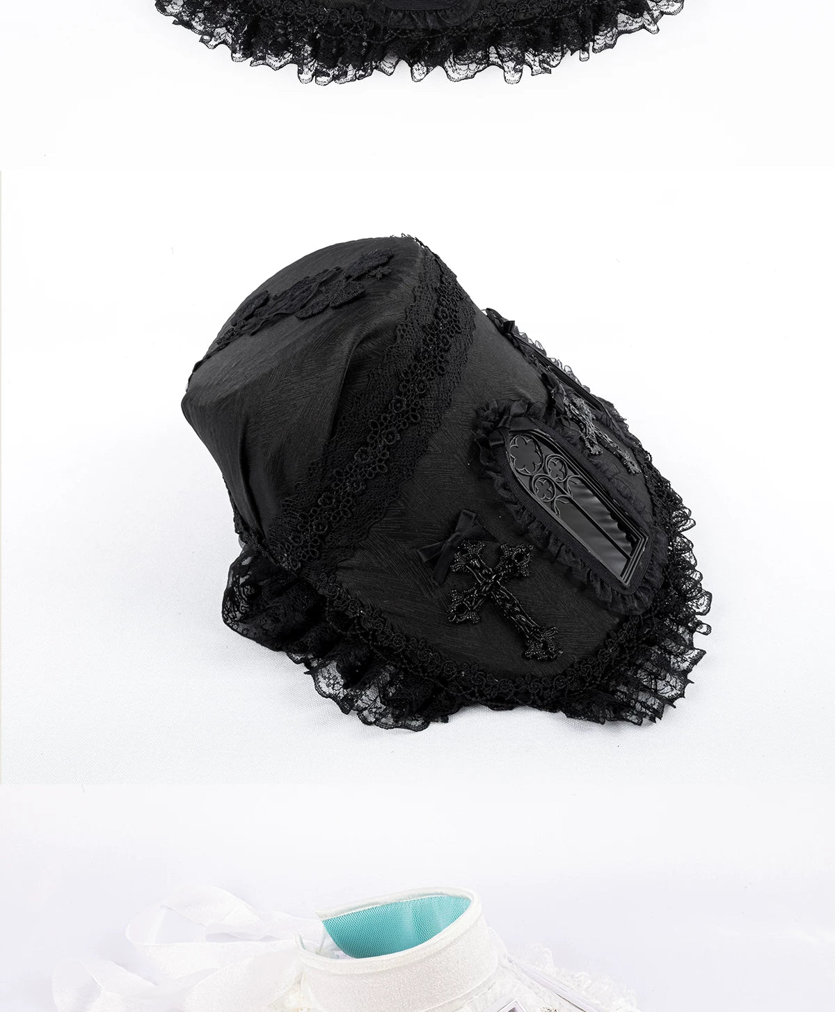 Lightbound Narrative - Cross Window - Bonnet with Lace Ruffle and Cross Motifs