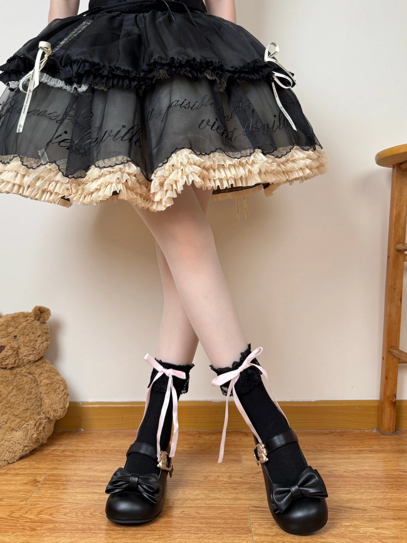 Chubby Bear Tales - Ballet Ribbon - Pink, White, or Black Mid-Calf Socks with Lace