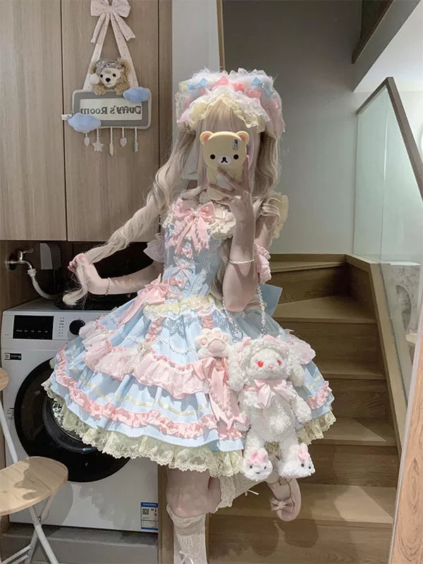 Creamy - Candy Pastel Princess - Blue-Pink JSK Dress with Layered Ruffle Trim