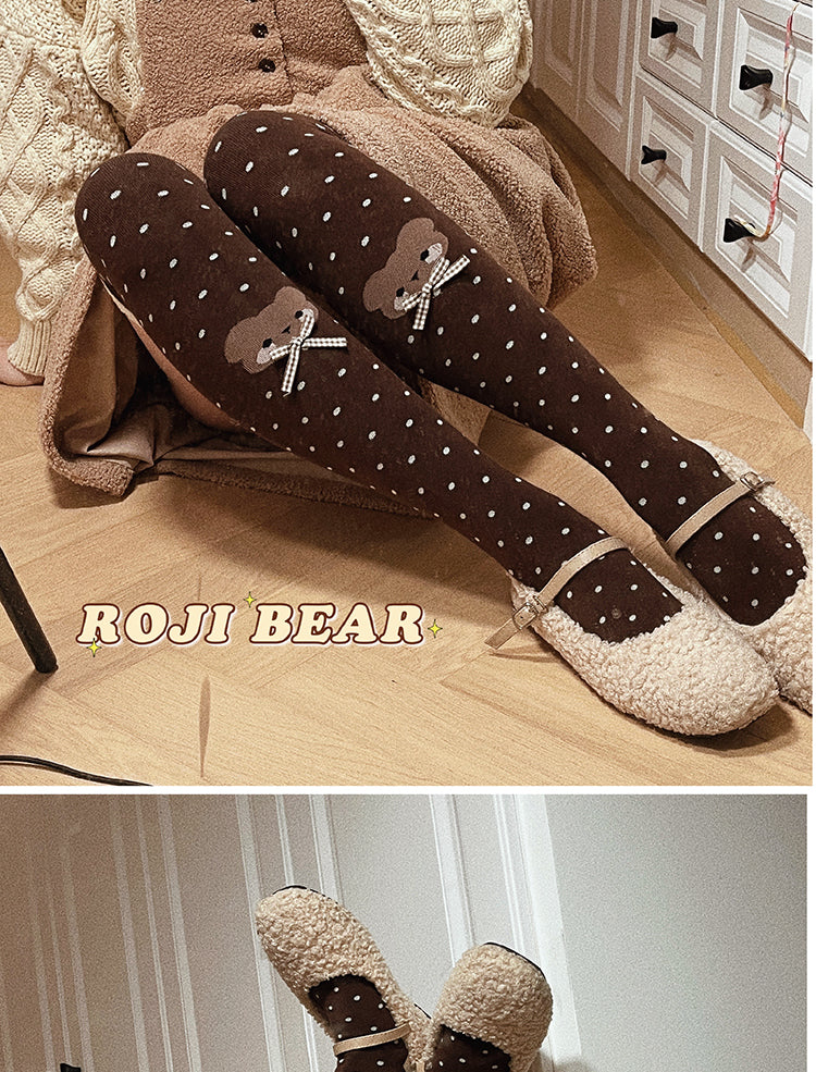 Roji Roji - Bear Dots Bow Cotton Lolita Thigh - Stockings Socks