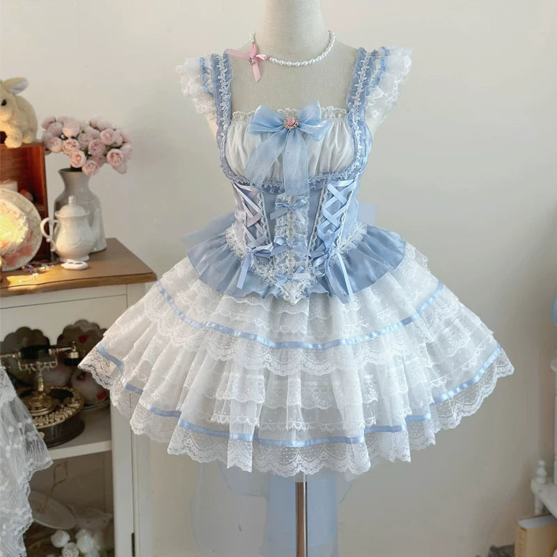 Lady Han Maiden's Heart Ballet Bridal JSK dress by Lolita Fetch, featuring elegant floral lace and a fitted bodice on a model.