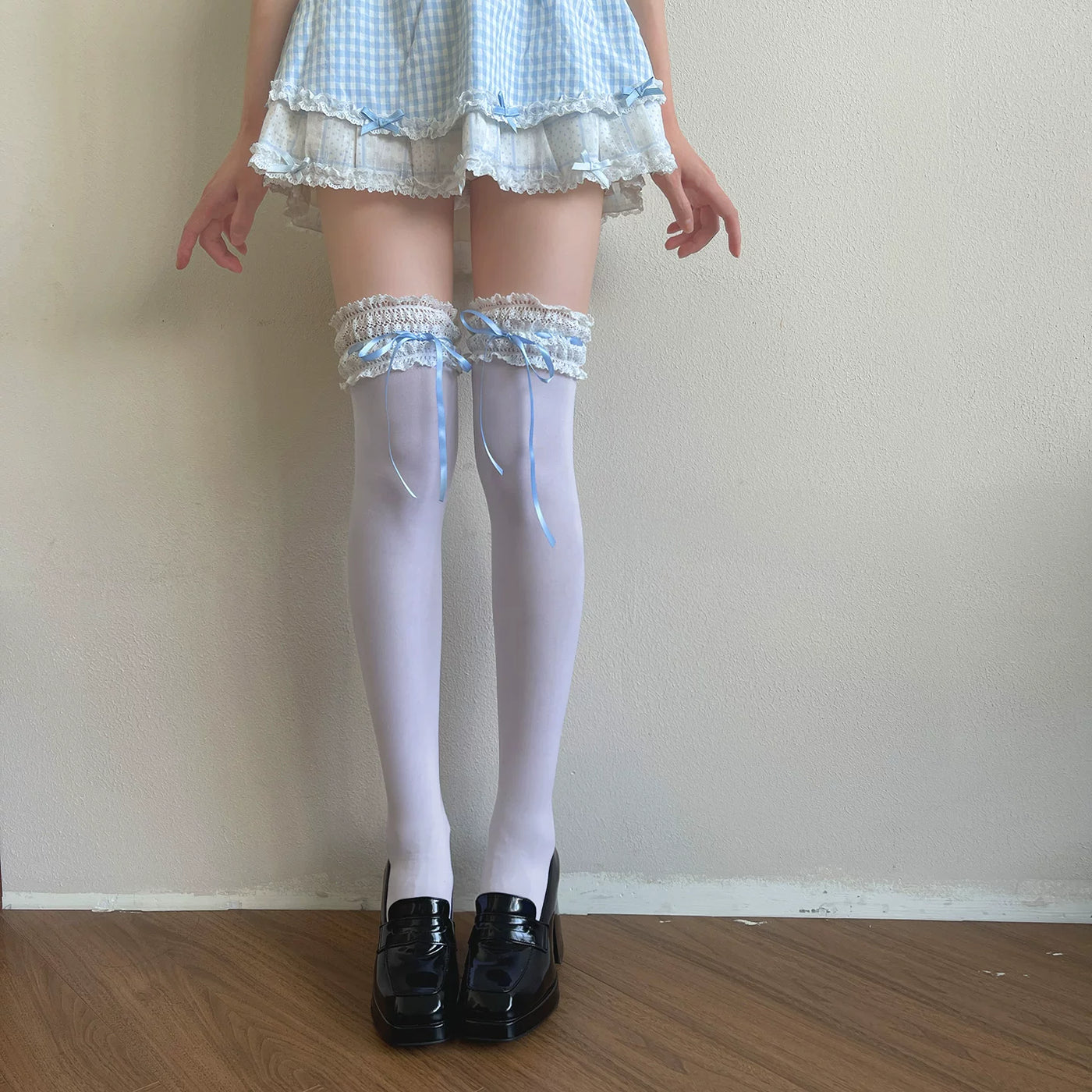 Sock Noble - Blue Ribbon Lace - Velvet Over-the-Knee Socks with Lace Trim